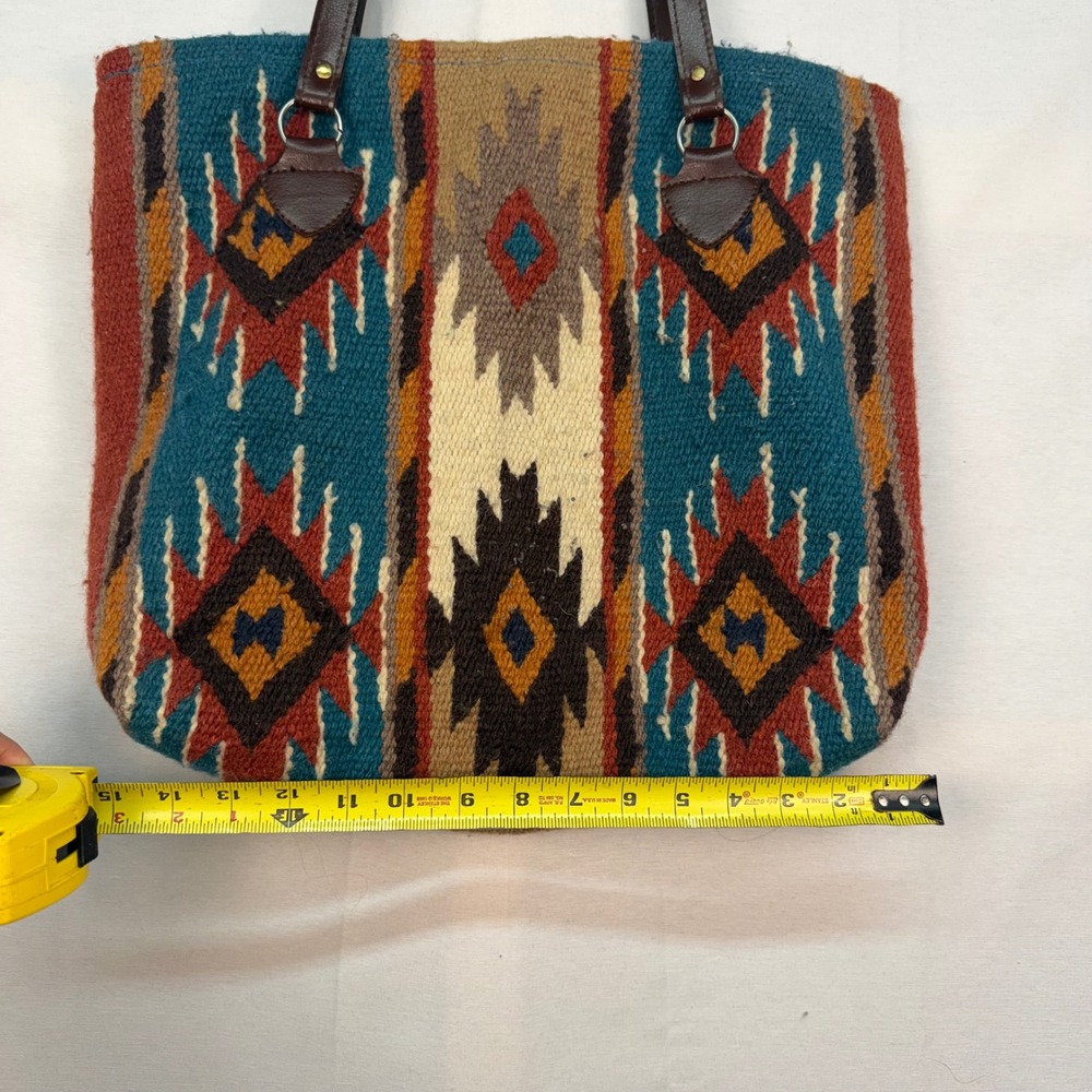 El Paso Saddleblanket Co Southwestern Wool Tote Bag Teal Rust Geometric Zipper - Picture 6 of 8